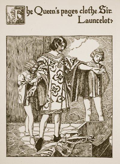 Los pajes de la Reina visten a Sir Launcelot, ilustración de 